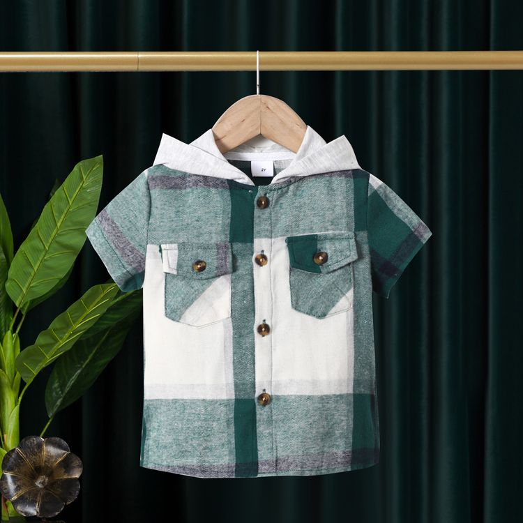 Toddler Boy Classic Plaid Hooded Short-sleeve Shirt Green