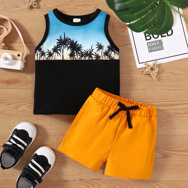 2pcs Toddler Boy Boho Floral Tree Print Tank Top and Shorts Set Black