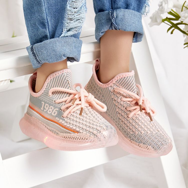 Toddler / Kids Breathable Knitted Striped Lace-up LED Sneakers Pink