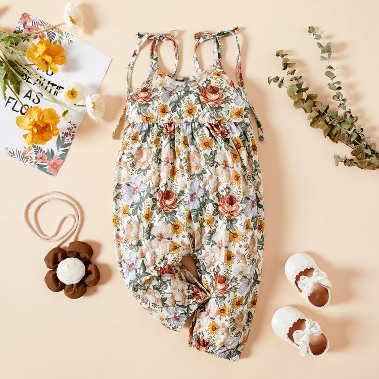 Baby Girl 95% Cotton Sleeveless Spaghetti Strap Floral Print Jumpsuit Beige