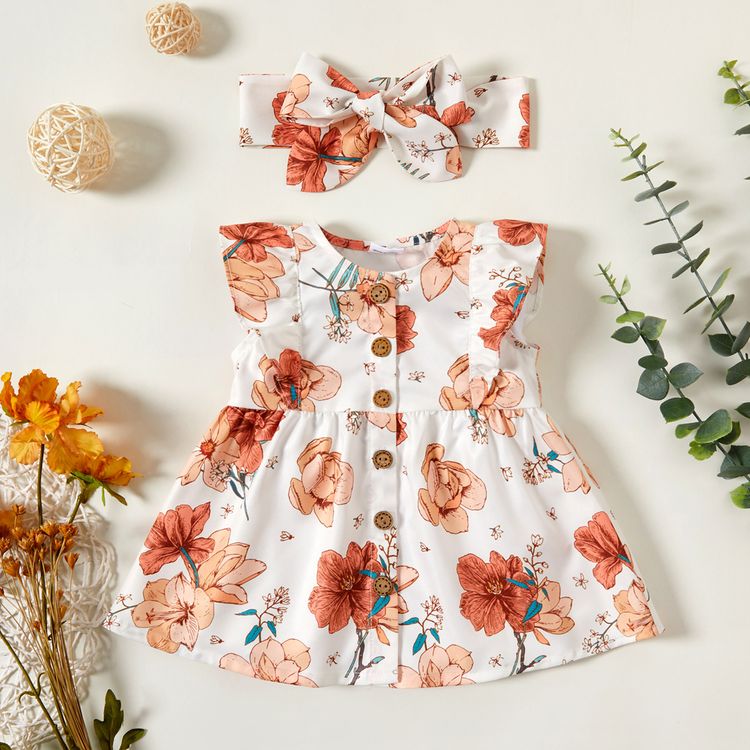 2pcs Baby Girl Sleeveless Floral Sweet Dress White