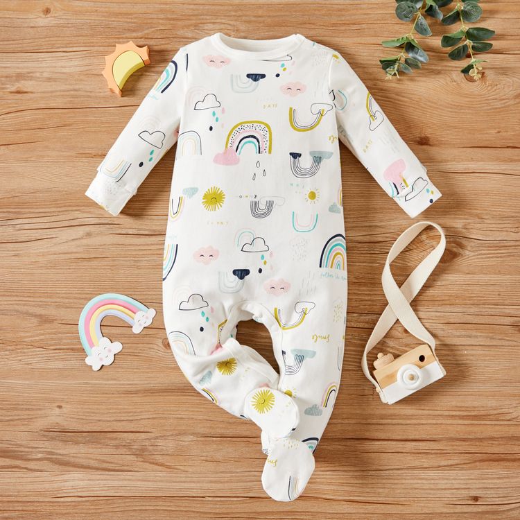 100% Cotton Rabbit Embroidery or Rainbow Print Footed/footie Long-sleeve Baby Jumpsuit White