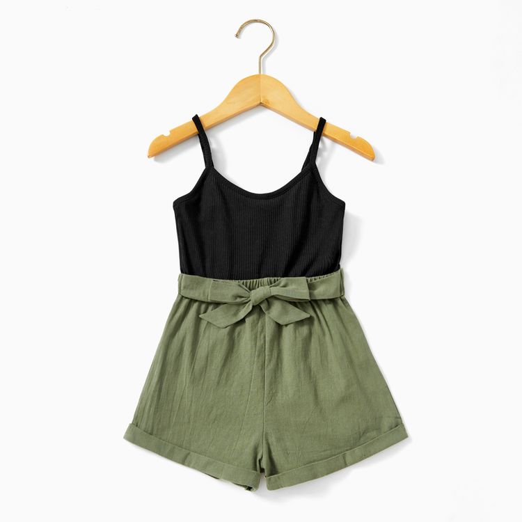 Black and Green Solid Splice Print Sling Rompers(Ruffle Tank Romper for Baby Girl) Army green