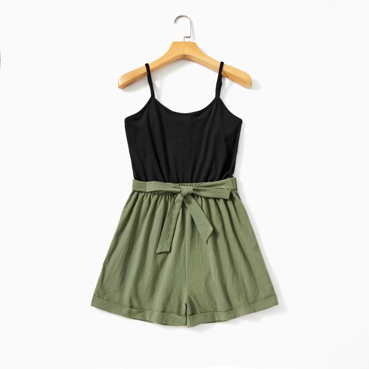 Black and Green Solid Splice Print Sling Rompers(Ruffle Tank Romper for Baby Girl) Army green