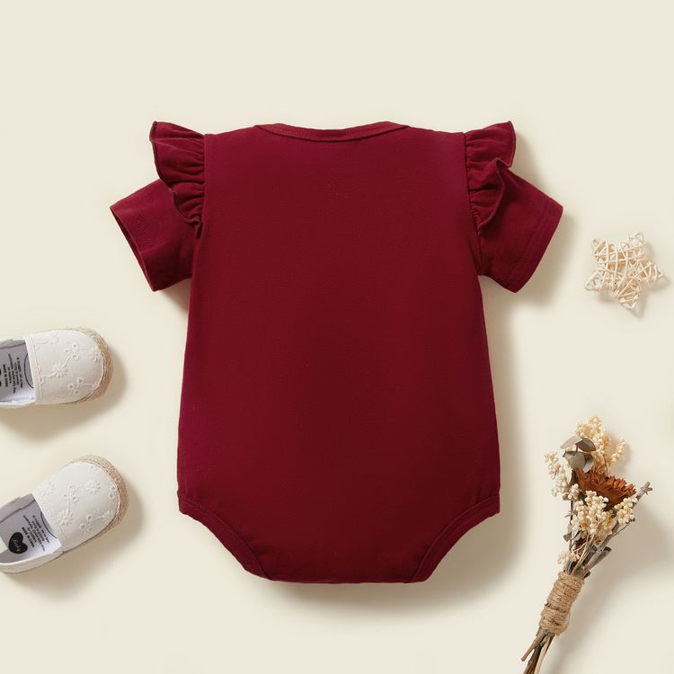 Baby Girl 95% Cotton Ruffle Short-sleeve Rainbow and Letter Print Romper Burgundy