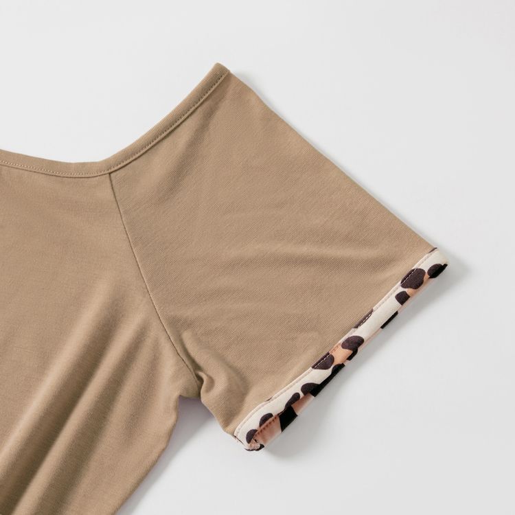 Leopard Splice Short-sleeve Matching Khaki Midi Dresses Khaki