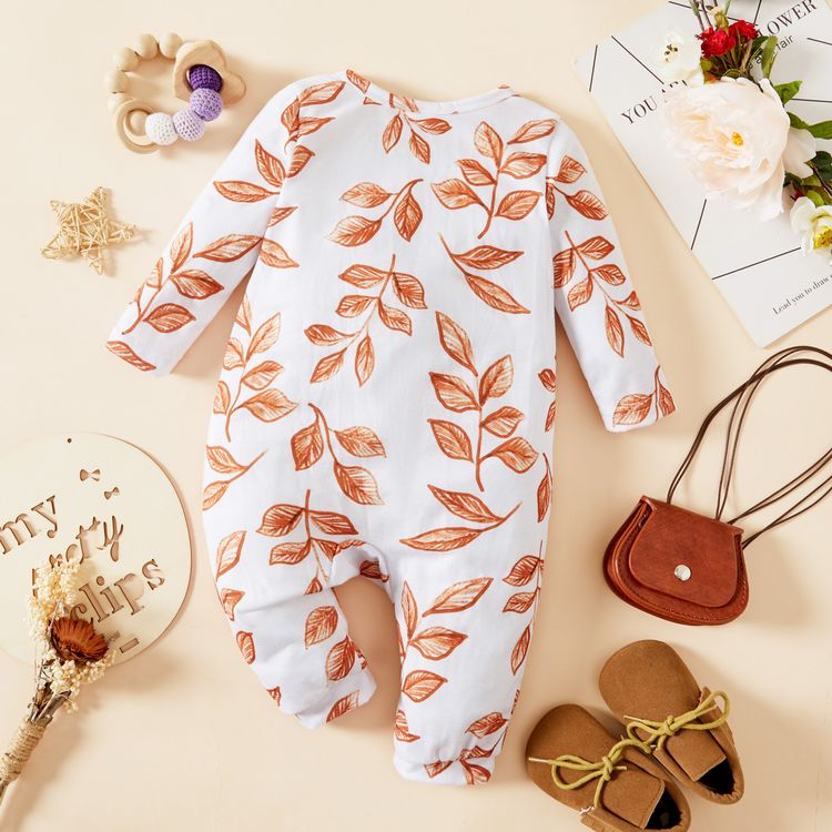 Baby Girl Leaves Print White/Brown Long-sleeve Jumpsuit White