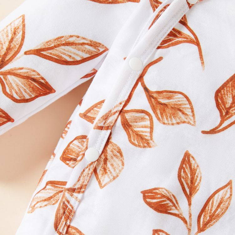 Baby Girl Leaves Print White/Brown Long-sleeve Jumpsuit White