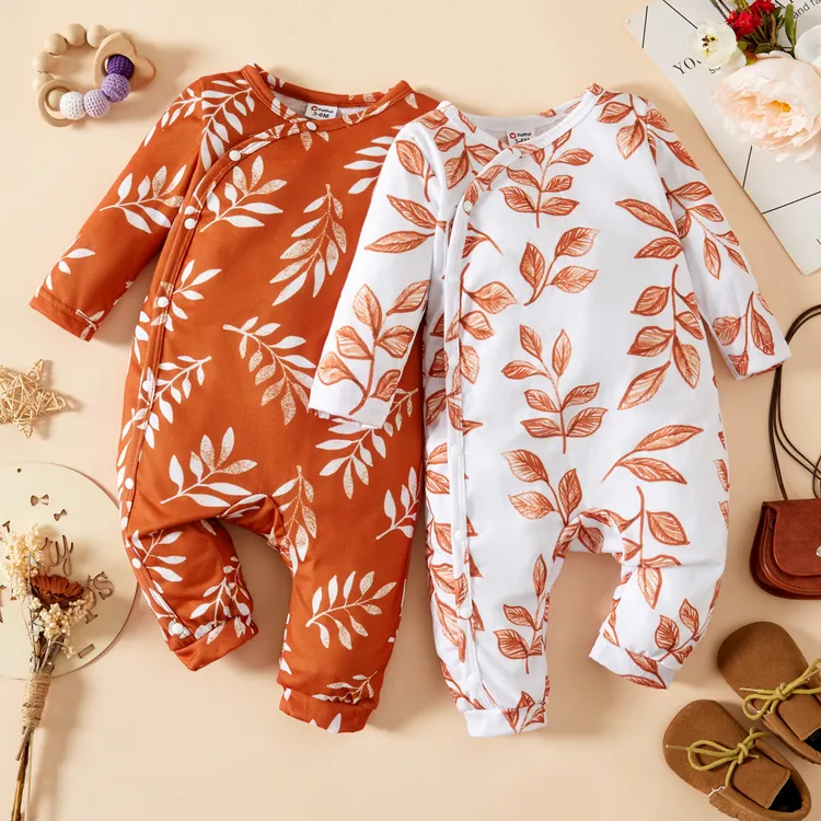 Baby Girl Leaves Print White/Brown Long-sleeve Jumpsuit White