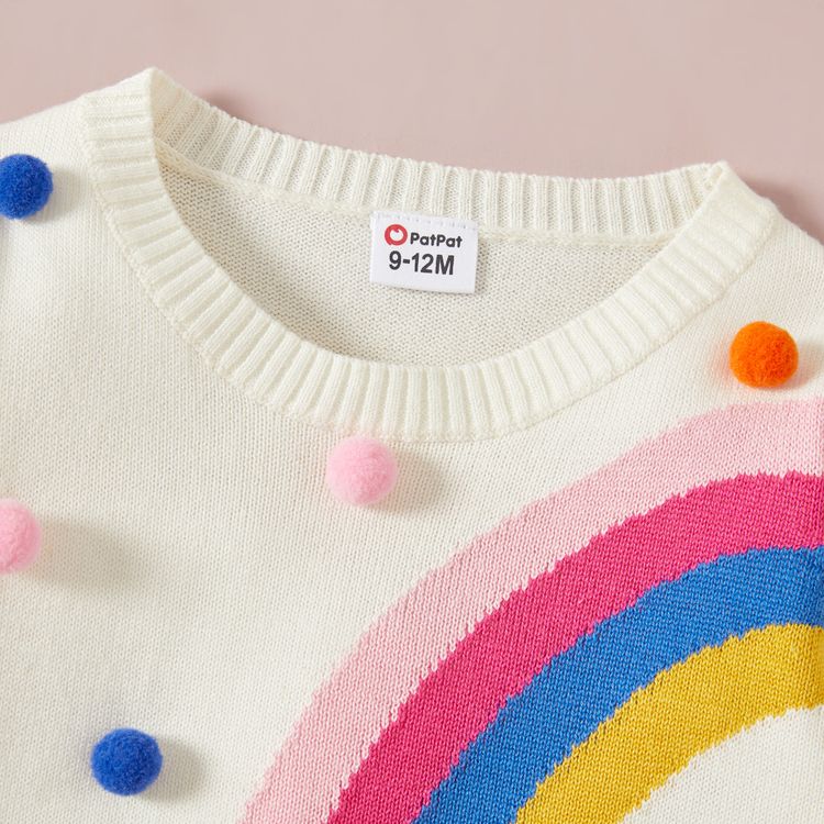 Baby Girl Rainbow Pattern Pom Poms White Long-sleeve Knitted Sweater Multi-color
