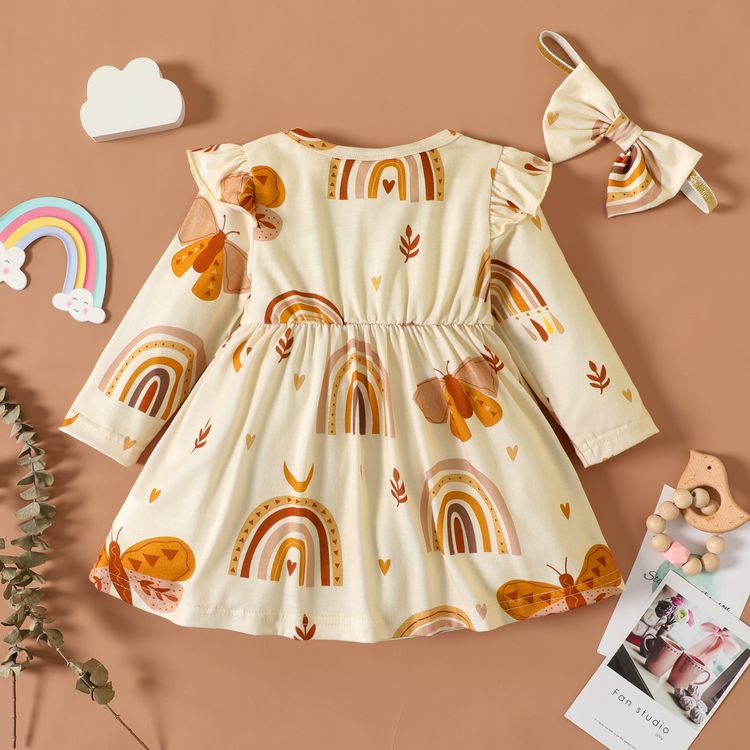 2pcs Baby Girl Rainbow and Butterfly Print Ruffle Long-sleeve Dress Set Color block