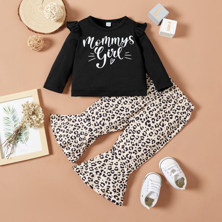 DER Newborn Baby Girl Leopard Outfit Letter Print T Shirt+Bell-Bottom Pants Set