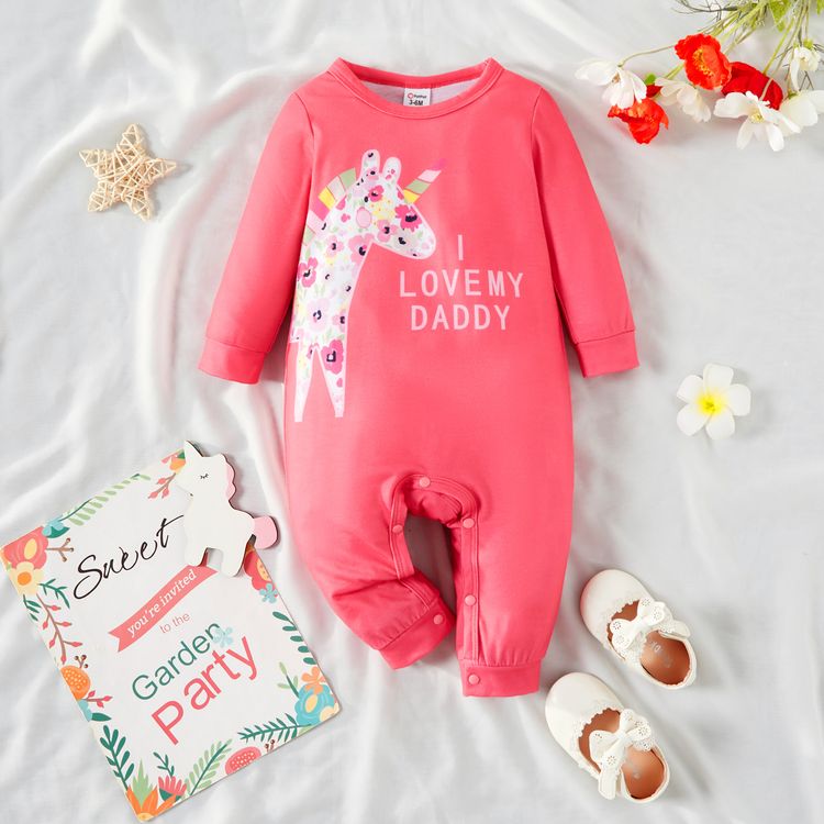 Baby Girl Cartoon Animal Print Long-sleeve Jumpsuit Hot Pink
