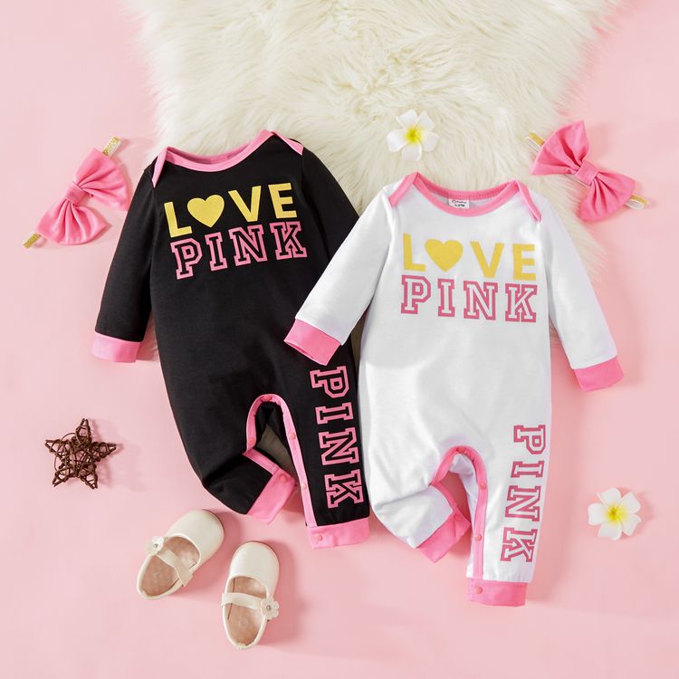 2pcs Baby Girl Letter Print Color Block Long-sleeve Jumpsuit Set White