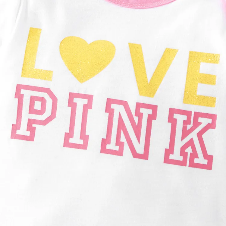 2pcs Baby Girl Letter Print Color Block Long-sleeve Jumpsuit Set White