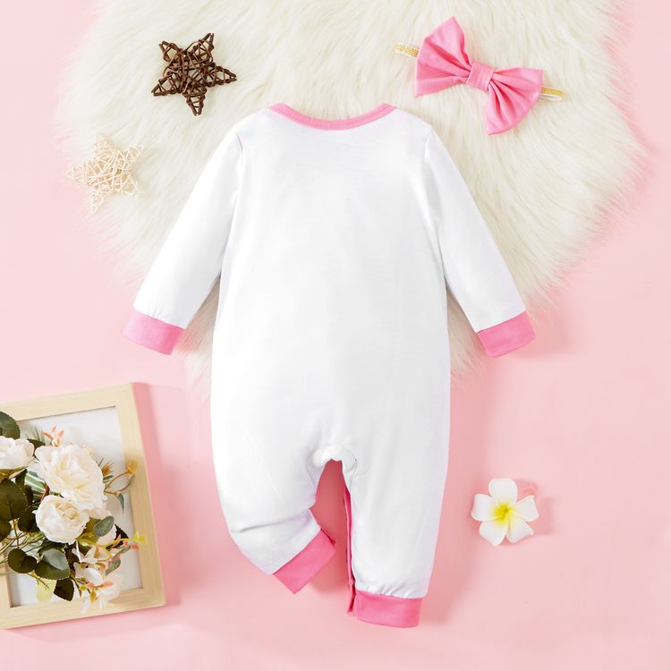 2pcs Baby Girl Letter Print Color Block Long-sleeve Jumpsuit Set White