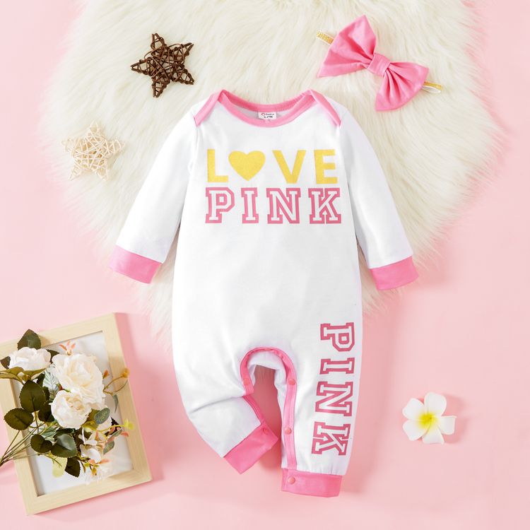 2pcs Baby Girl Letter Print Color Block Long-sleeve Jumpsuit Set White