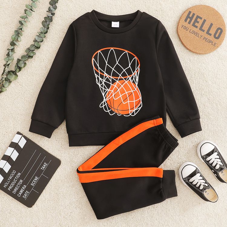 2-piece Kid Boy Ball Print Pullover Sweatshirt and Colorblock Pants Set Black