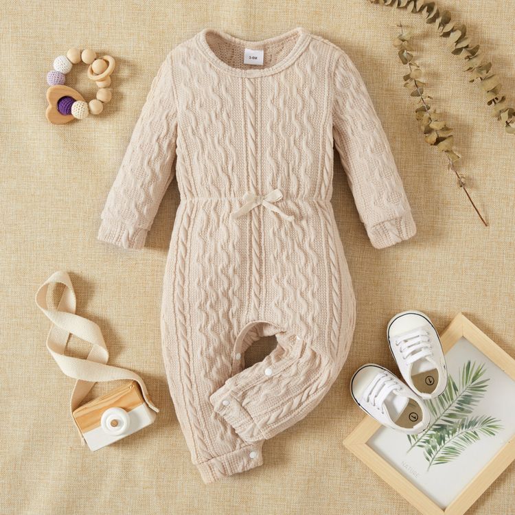 Baby Girl Solid Cable Knit Long-sleeve Snap-up Jumpsuit Beige