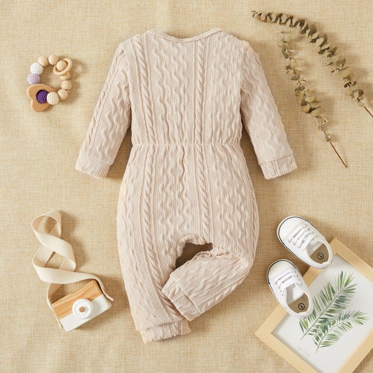 Baby Girl Solid Cable Knit Long-sleeve Snap-up Jumpsuit Beige