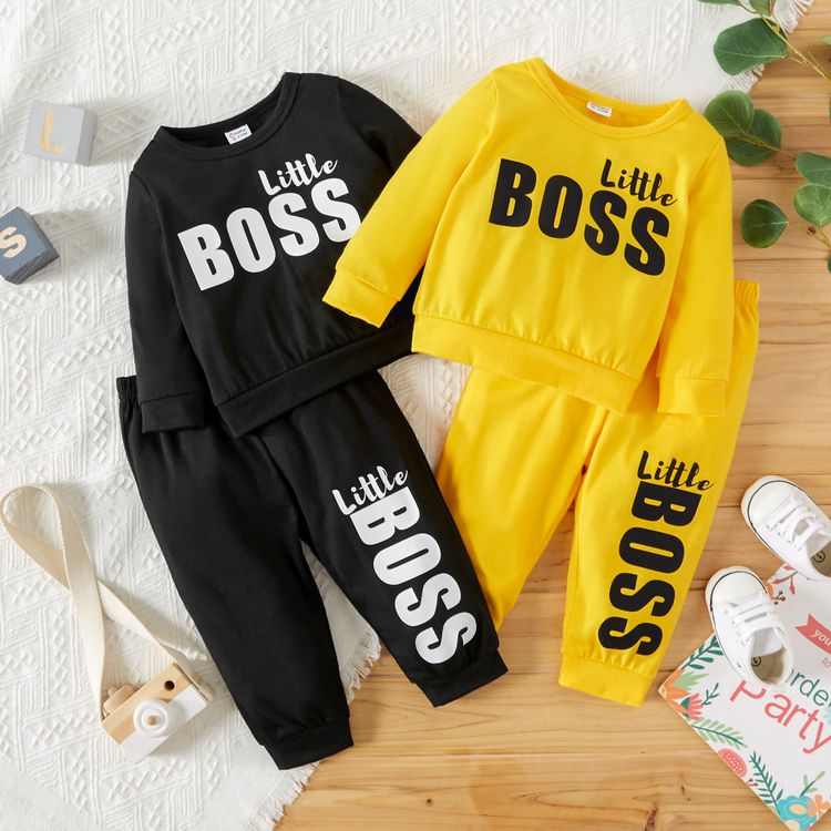 2pcs Baby Boy Letter Print Solid Long-sleeve Sweatshirt and Trousers Set Yellow