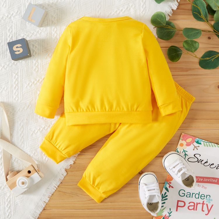 2pcs Baby Boy Letter Print Solid Long-sleeve Sweatshirt and Trousers Set Yellow