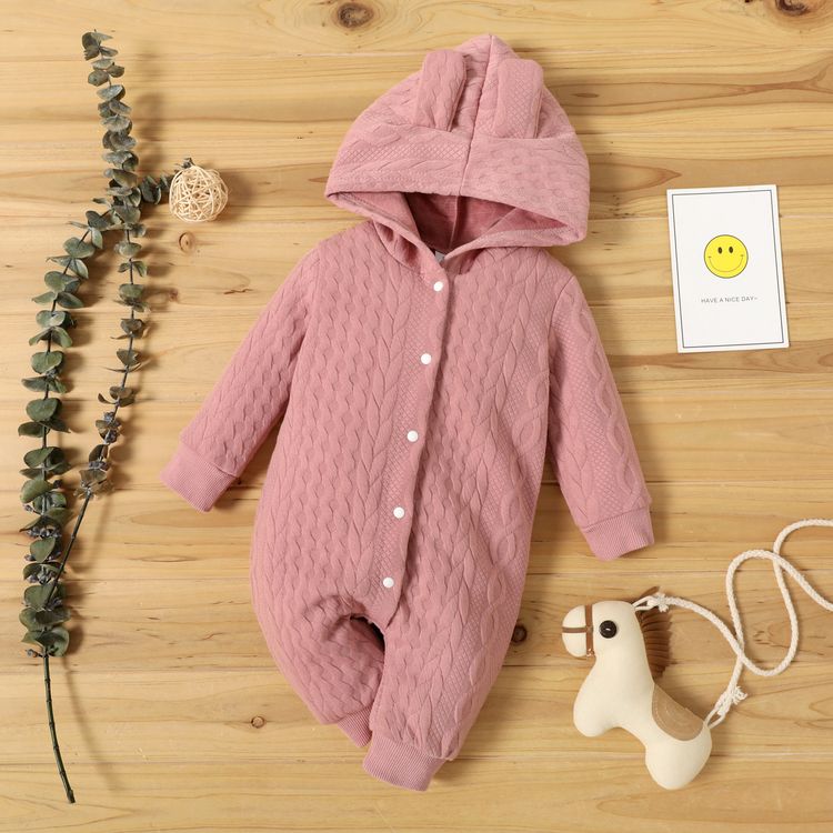 Solid Knitted Hooded Long-sleeve Pink Baby Jumpsuit Pink