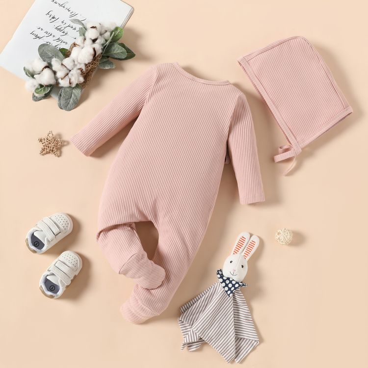 2pcs Baby Cotton Ribbed Solid Long-sleeve Footed Jumpsuit Set Light Pink