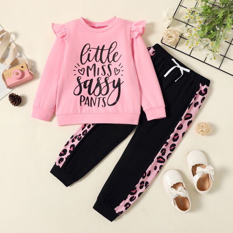 2-piece Toddler Girl Letter Print Flutter Long-sleeve Pink Pullover and Bowknot Design Leopard Print Pants Set Pink