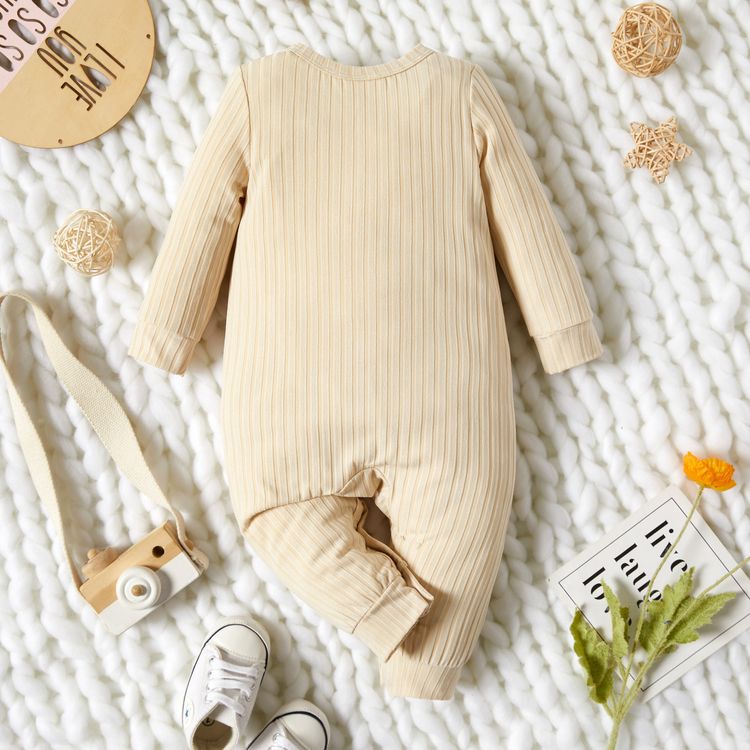 Baby Boy Solid Ribbed Long-sleeve Jumpsuit with Pocket Apricot