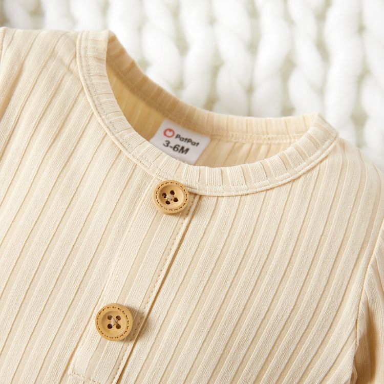 Baby Boy Solid Ribbed Long-sleeve Jumpsuit with Pocket Apricot