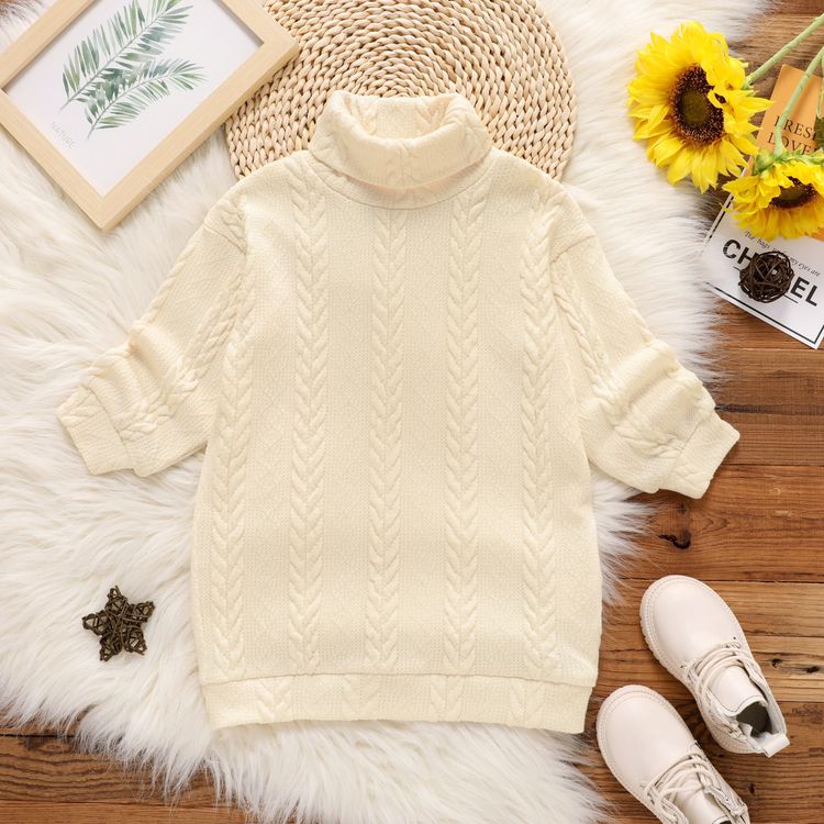 Toddler Girl Turtleneck Cable Knit Long-sleeve Sweater Dress Beige