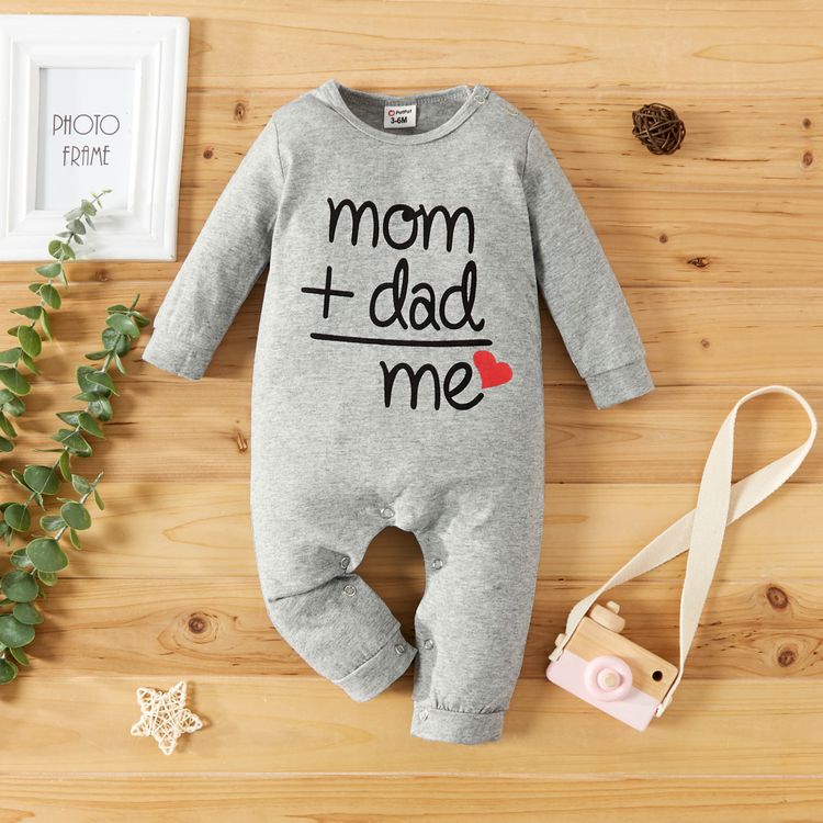 100% Cotton Letter and Heart Print Long-sleeve Gery Baby Jumpsuit Grey