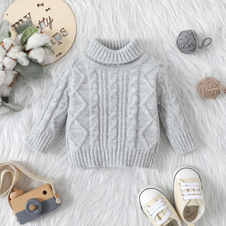 Baby Solid Turtleneck Long-sleeve Cable Knit Sweater Grey