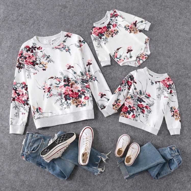 Floral Print Crewneck Drop Shoulder Long-sleeve Tops for Mom and Me White