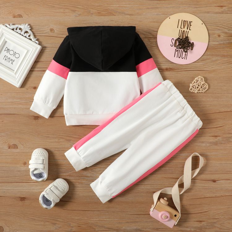 2pcs Baby Letter Print Color Block Cotton Long-sleeve Hoodie and Trousers Set White