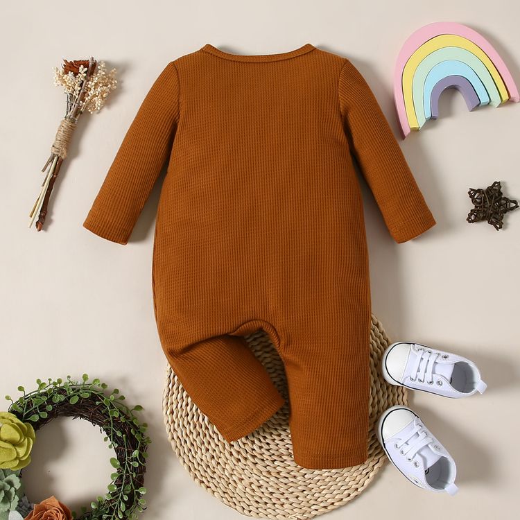 Baby Girl Waffle Brown/White All Over Rainbow Print V Neck Long-sleeve Jumpsuit Brown