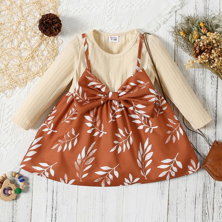 Baby Girl Solid Ribbed Long-sleeve Splicing Leaves Print Bowknot Dress Apricot