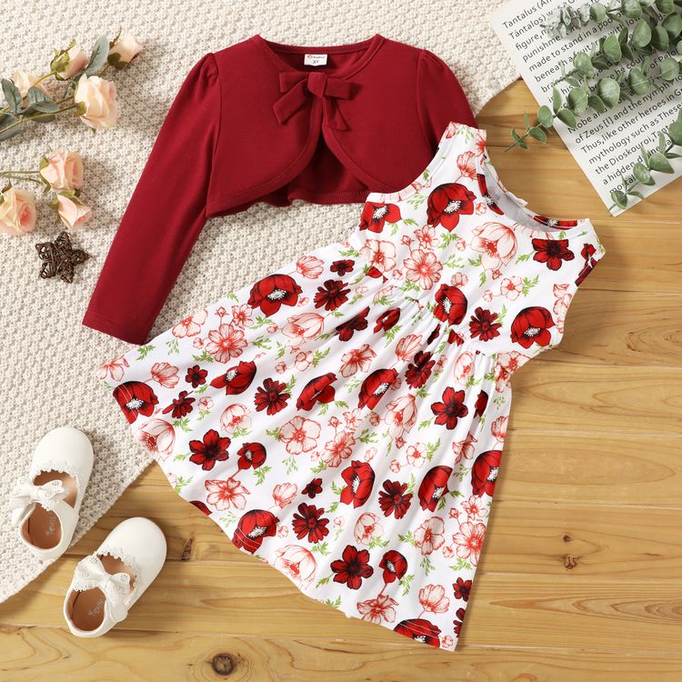 2 Piece Toddler Girl Floral Print Sleeveless Dress And Bowknot Design Red Cardigan Set Only 10 99 Patpat Br Mobile