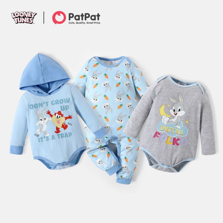 Looney Tunes Baby Boy/Girl Cotton Hooded Graphic and Allover Bodysuit Light Blue