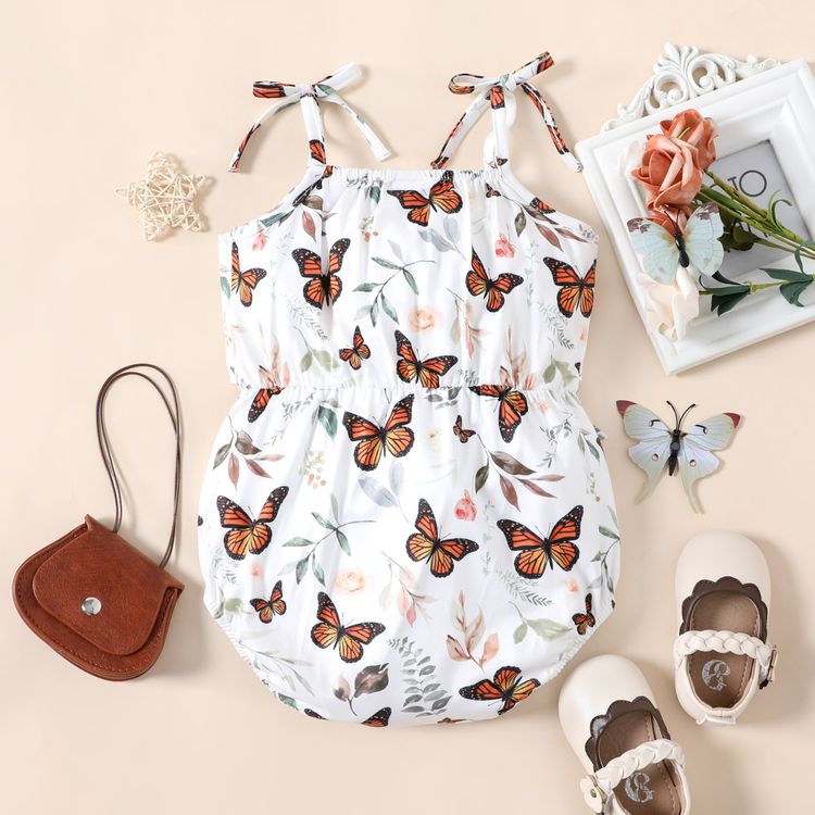 Baby Girl Ribbed Brown/White Butterfly Print Sleeveless Spaghetti Strap Bowknot Romper Color block