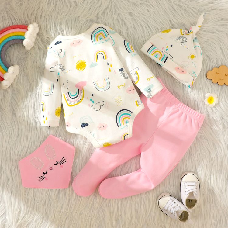 100% Cotton 4pcs Baby Girl Cartoon Print Long-sleeve Romper and Footed Pants Set Pink