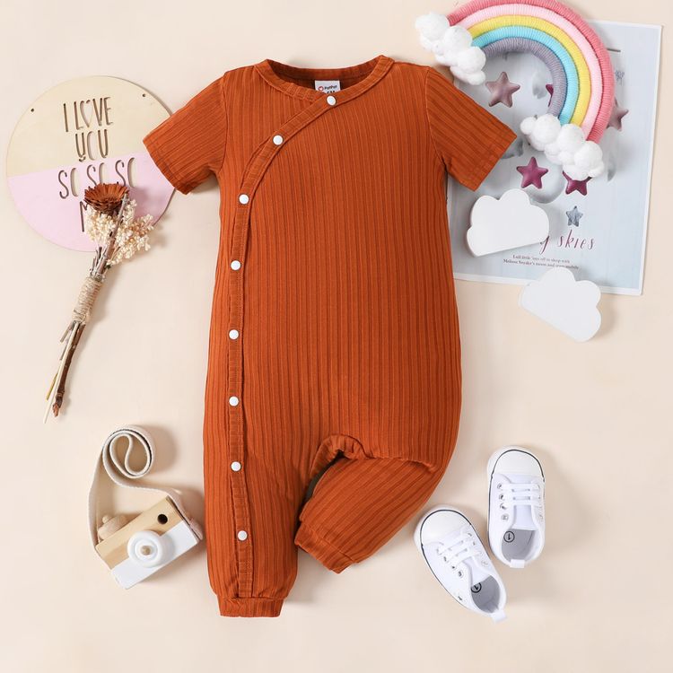 Baby Ribbed Brown/White All Over Rainbow Print Short-sleeve Snap Jumpsuit Brown