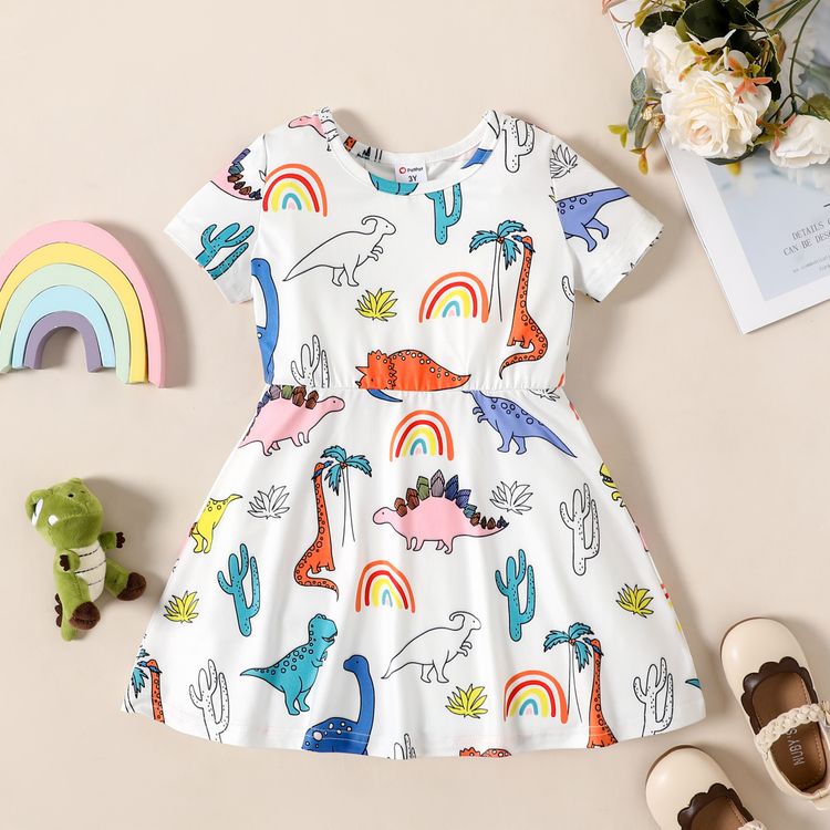 Toddler Girl Dinosaur Rainbow Cactus Print Short-sleeve Dress White
