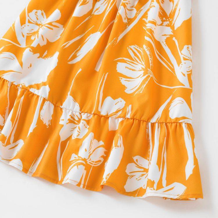 Family Matching All Over Floral Print Yellow Off Shoulder Puff Sleeve Dresses and Colorblock Short-sleeve T-shirts Sets Yellow