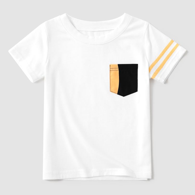 Family Matching Striped V Neck Short-sleeve Belted Dresses and Raglan-sleeve T-shirts Sets Black/White