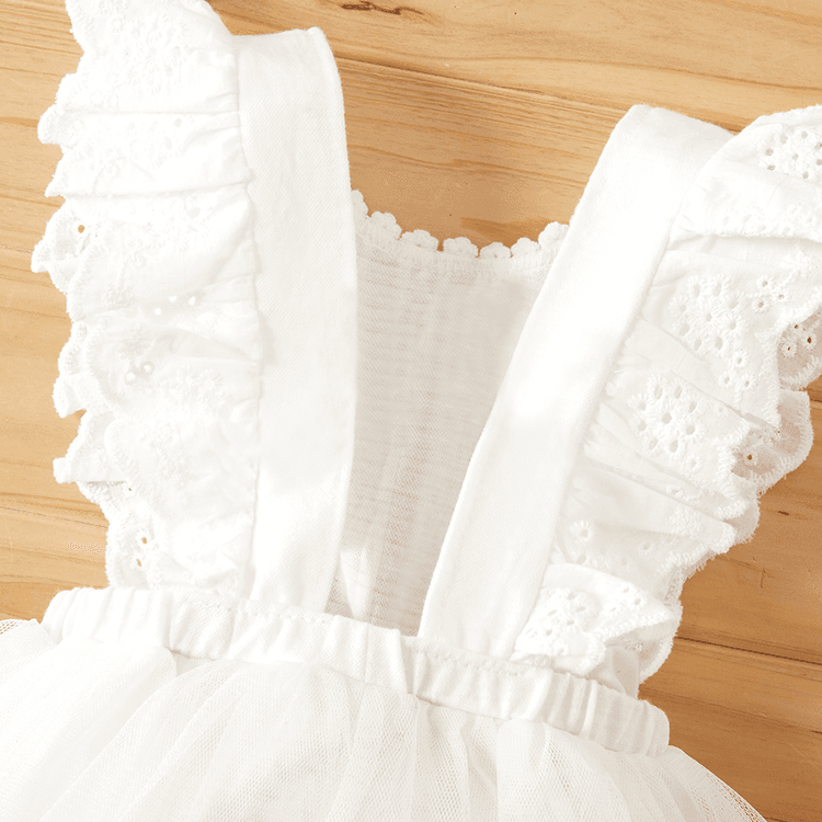 100% Cotton Ruffle and Lace Decor Mesh Layered Flutter-sleeve Baby Romper White