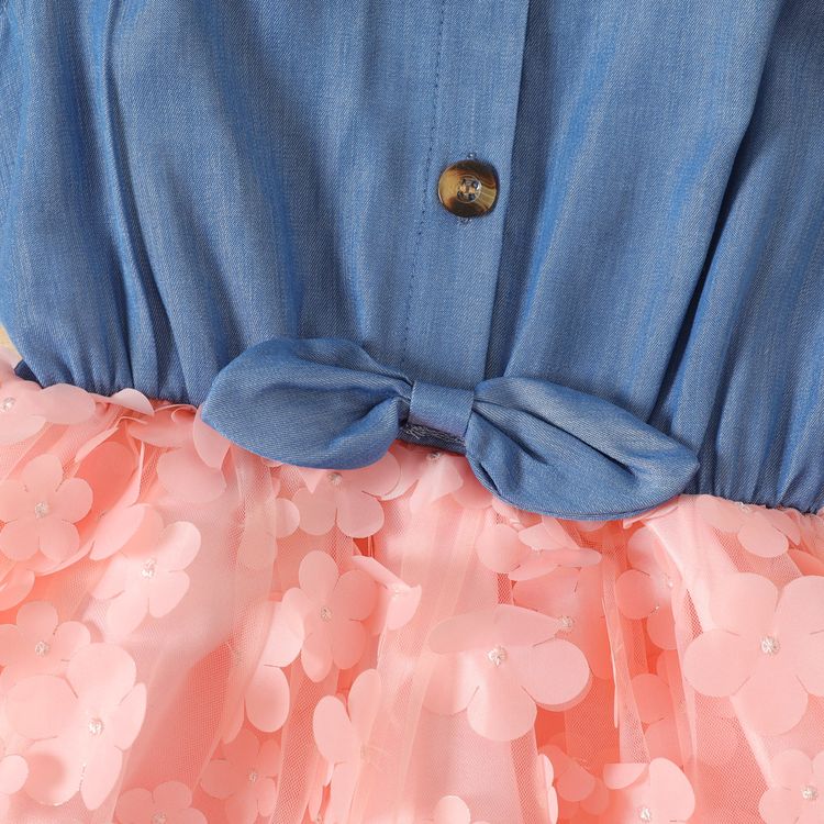 Kid Girl 3D Floral Design Denim Mesh Splice Sleeveless Dress Blue