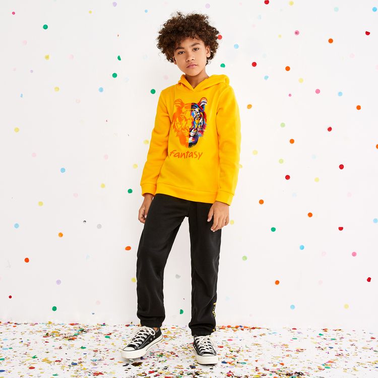 2-piece Kid Boy Letter Animal Print Fleece Lined Hoodie Sweatshirt and Pants Set Yellow