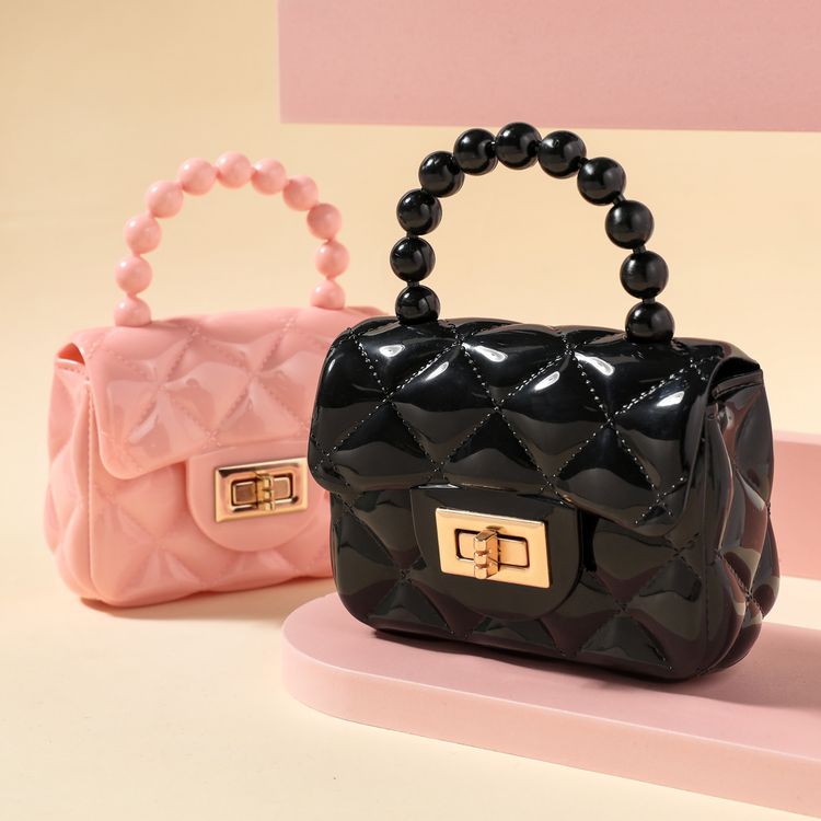 Kids Pure Color Geometry Lingge Pearl Handbag Clutch Purse for Girls Pink